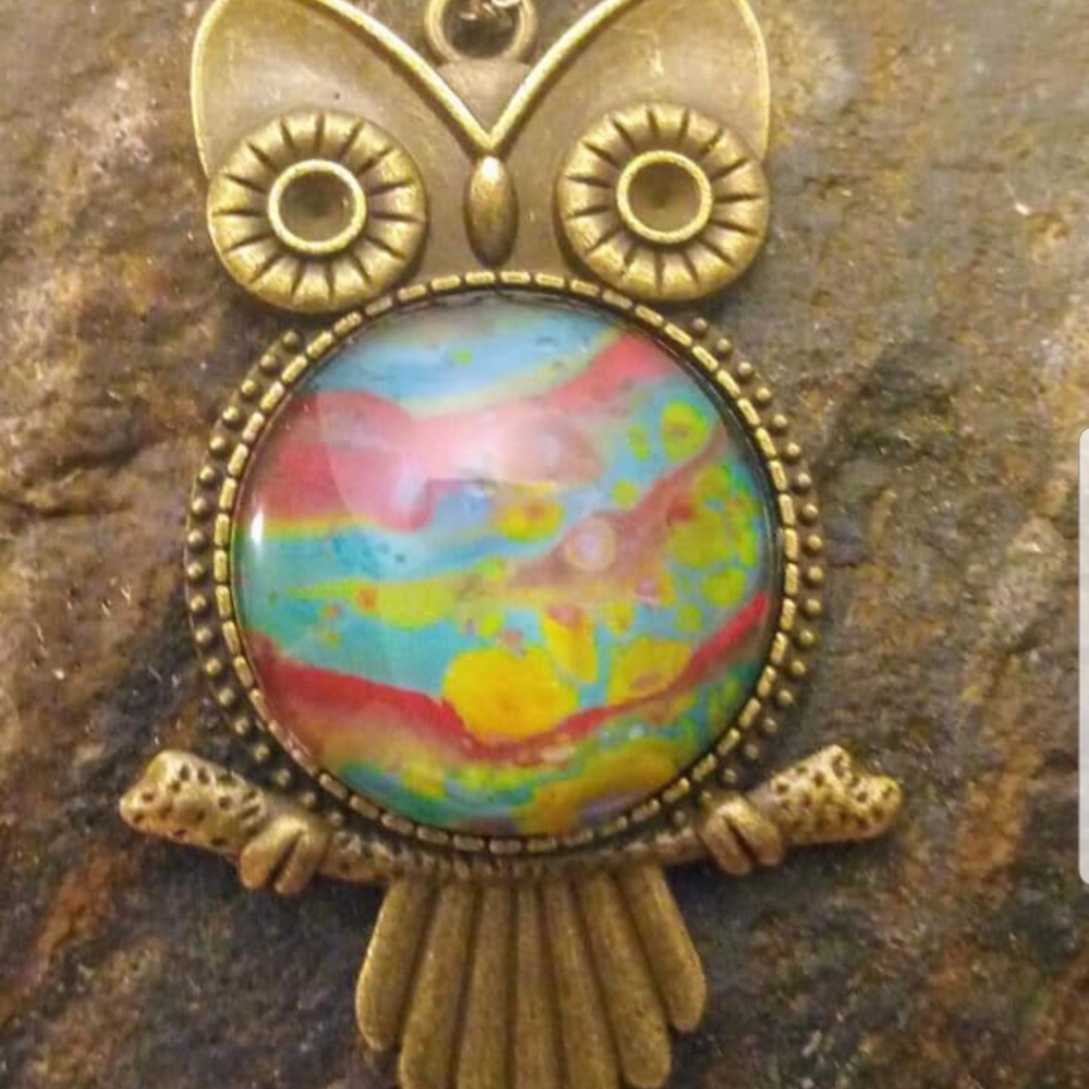 Hand painted owl pendant under glass
